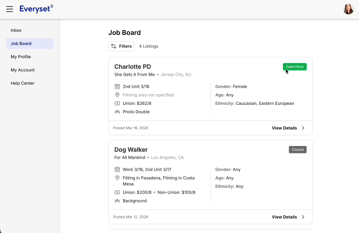 Job Board showing the Charlotte PD card with a green Submitted badge